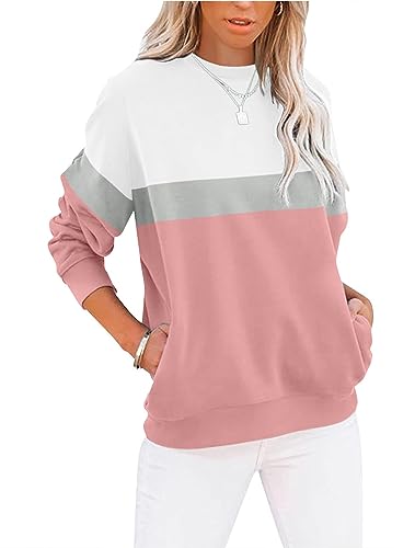 Cuptacc Langarmshirt Damen Pullover Herbst Farbblock Rundhals Sweatshirt Damen Elegant Rundhals Baumwolle Oberteile Hellrosa XL 46-48 von Cuptacc