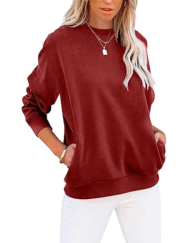Cuptacc Langarmshirt Damen Pullover Herbst Farbblock Rundhals Sweatshirt Damen Elegant Rundhals Oberteile Weinrot 2XL 50-52 von Cuptacc