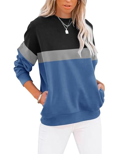 Cuptacc Langarmshirt Damen Pullover Herbst Farbblock Rundhals Sweatshirt Damen Elegant Rundhals Taschen Oberteile Schwarz Blau XL 46-48 von Cuptacc