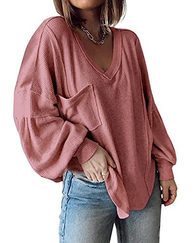 Cuptacc Langarmshirt Damen Pullover V Ausschnitt Sweatshirt Essentials Oberteile Mit Taschen Pink S von Cuptacc