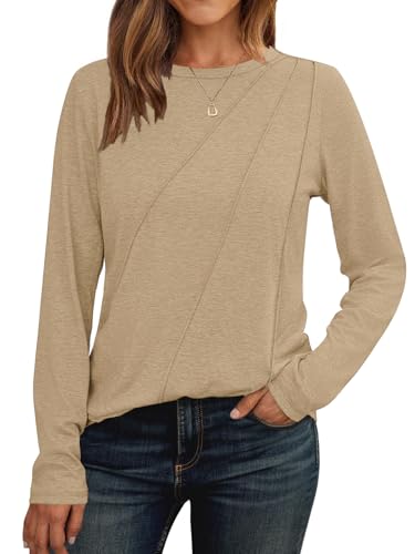 Cuptacc Langarmshirt Damen Rundhals Tshirt Winter Top Mit Falten Basic Bluse Casual Bluse Luftig Beige,Groß XL 46-48 von Cuptacc