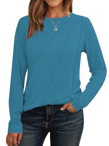 Cuptacc Langarmshirt Damen Rundhals Tshirt Winter Top Mit Falten Basic Bluse Casual Bluse Luftig Blau,Groß XL 46-48 von Cuptacc