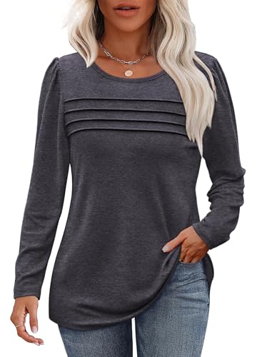 Cuptacc Langarmshirt Damen Schwarz Rundhals Puffärmel Mit Knöpfen Longshirt Damen Langarm Locker Oberteile T-Shirt DunkelGrau XL 46-48 von Cuptacc