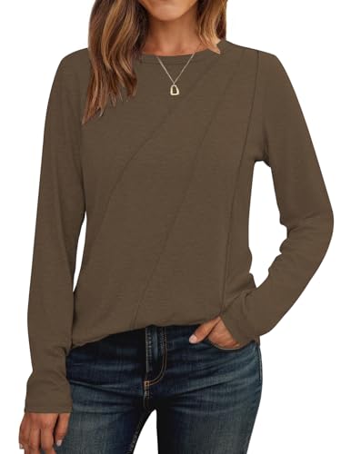 Cuptacc Langarmshirt Damen Tshirt Rundhals Langarm Lässig Bluse Mit Falten Basic Top Mode Kaffee,Mittel M 38-40 von Cuptacc