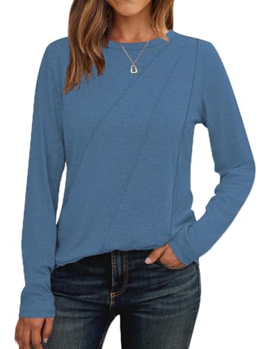 Cuptacc Langarmshirt Damen Tshirt Rundhals Langarm Lässig Bluse Mit Falten Basic Top Mode Marineblau,Mittel M 38-40 von Cuptacc
