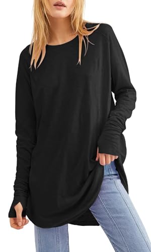 Cuptacc Langarmshirt Damen Tshirt Rundhals Langarm Lässig Tuniken Mit Daumenloch Basic Top Mode Schwarz,Mittel M 38-40 von Cuptacc