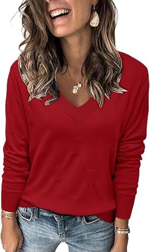 Cuptacc Langarmshirt Damen V Ausschnitt Baumwoll Musselin Bluse Basic Oberteile Burgund, Groß XL 46-48 von Cuptacc