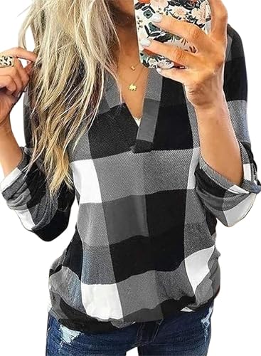 Cuptacc Langarmshirt Damen V Ausschnitt Kariert Longsleeve Business Oberteile Mode Tops Grau 2XL 50-52 von Cuptacc