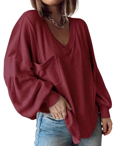 Cuptacc Langarmshirt Damen V Ausschnitt Sweatshirt Damen Pullover Damen Casual Sweatshirt Damen Red L von Cuptacc