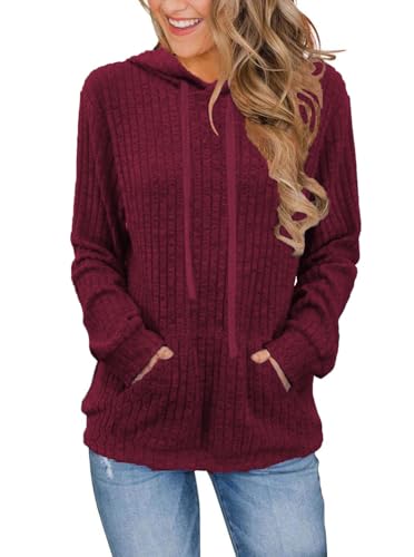 Cuptacc Long Pullover Damen Langarm Casual Pullover Für Damen Mit Kapuze Elegant Langarmshirt Coole Hoodie Weinrot XL 46-48 von Cuptacc