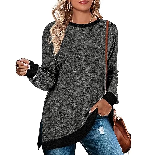 Cuptacc Longshirt Damen Rundhalausschnitt Langarm Tunika Oberteile Farbabstimmung Sweatshirt 2023 Dunkelgrau Mittel M 38-40 von Cuptacc