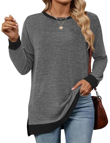Cuptacc Longshirt Damen Rundhalsausschnitt Langarm Tunika Oberteile Farbabstimmung Sweatshirt 2024 Dunkelgrau XXL 50-54 von Cuptacc