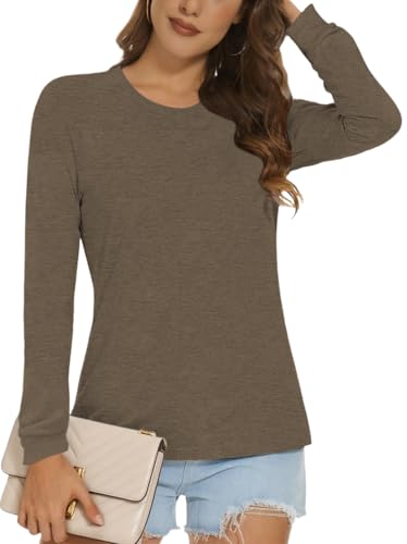 Cuptacc Longsleeve Damen Sport Einfarbig Teenager Lässig Große Größen Lang Oberteile Damen Casual Oversized Basic Elegant Longsleeve Kaffeegrau XL von Cuptacc