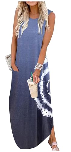 Cuptacc Maxikleid Damen Sommer Sommerkleid Ärmellos Lange Strandkleid Kleider mit Taschen Tie-Dye Blau Lila,Mittel M 38-40 von Cuptacc