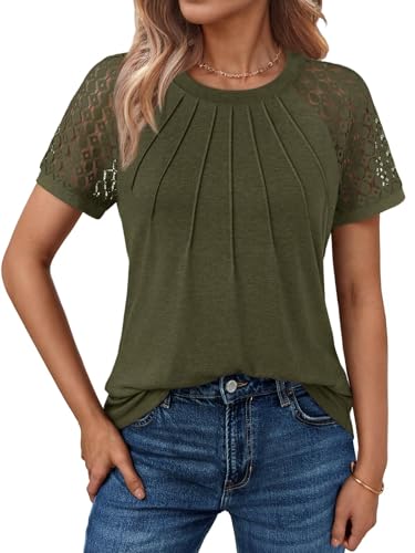 Cuptacc Musselin Bluse Damen Kurzarm Top Spitzen Ärmel Tshirt Rundhals Einfarbig Tunika Blusen Mode Armeegrün, Groß L 42-44 von Cuptacc