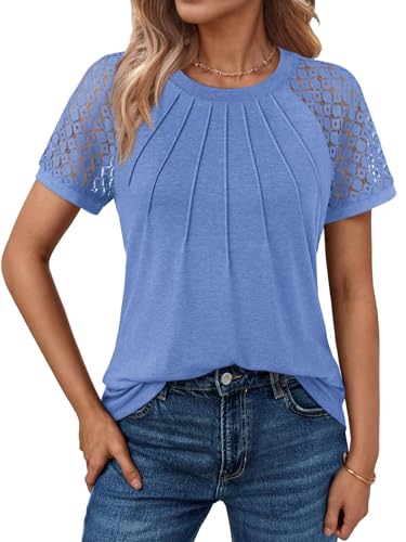 Cuptacc Musselin Bluse Damen Kurzarm Top Spitzen Ärmel Tshirt Rundhals Einfarbig Tunika Blusen Mode Blau, Groß L 42-44 von Cuptacc