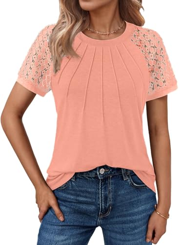 Cuptacc Musselin Bluse Damen Kurzarm Top Spitzen Ärmel Tshirt Rundhals Einfarbig Tunika Blusen Mode Hellorange, Groß L 42-44 von Cuptacc