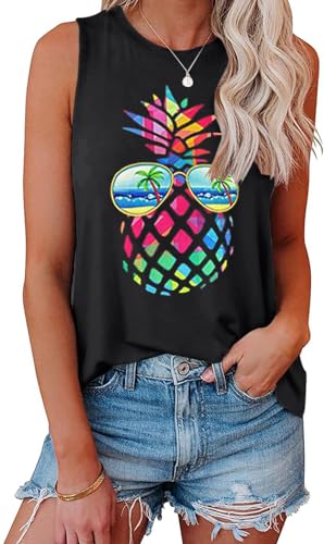 Cuptacc Oberteil Damen Schick Locker Atmungsaktiv T-Shirt Ohne Ärmel Pineapple Muster Strand Rundhalsausschnitt Tunika Top Damen Sommer Schwarz Groß L 42-44 von Cuptacc