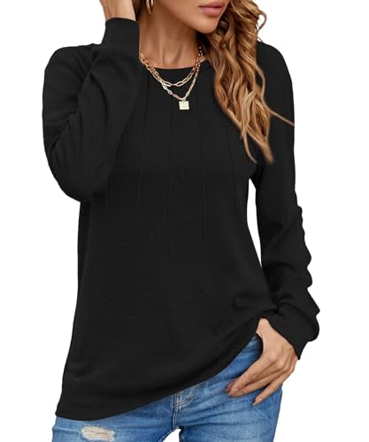 Cuptacc Oberteile Damen 2025 Winter Warm Pleated Rundhals Langarm Shirt Damen Elegant Schwarz Groß L 42-44 von Cuptacc
