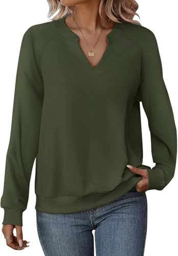 Cuptacc Oberteile Damen Pullover Damen Herbst Basic Langarmshirt V-Ausschnitt Alltagskleidung Dehnbar Armeegrün XXL 50-52 von Cuptacc