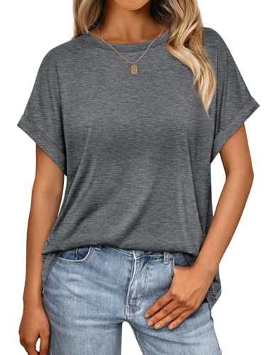 Cuptacc Oberteile Damen Sommer Runhals Tshirt Kurzarm 2025 Mode Einfarbig Basic T-Shirt Flügelsärmel Oversize Shirt Damen Elegant Klein S 34-36 Dunkelgrau von Cuptacc