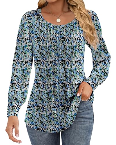 Cuptacc Oberteile Für Damen Elegant Rundhals Falten Basic Langarmshirt Damen Puffärmel Locker Sweater Schwarz Blau Blumen Groß L 42-44 von Cuptacc