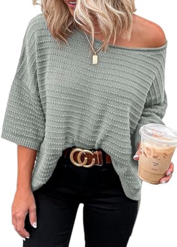 Cuptacc Oversize Shirt Damen 3/4 Ärmel Herbst Tunika Tops Mode Elegant Off Shoulder Kurz Oberteil Damen Grau 2XL 50-52 von Cuptacc