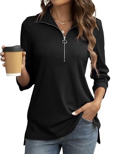 Cuptacc Poloshirt Damen 3/4 Ärme Half Zip Tops Hemdbluse Loose Bluse Casual Tunika Herbst Schwarz XL 46-48 von Cuptacc