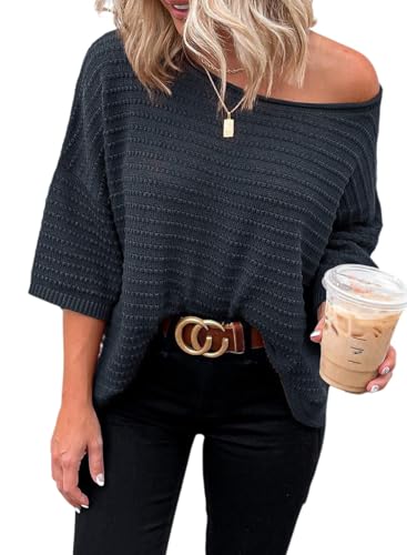 Cuptacc Pullover Damen 3/4 Ärmel Mode U-Ausschnitt Elegant Oberteile Sweater Damen Kurzarm Tops Pulli Sommer Oversize Marineblau XL 46-48 von Cuptacc