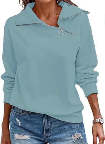 Cuptacc Pullover Damen Elegant Stehkragen Langarm Quarter Zip Pullover Lässig Basic Einfarbig Baumwolle Top Damen Hell Blau, Klein S 36 von Cuptacc