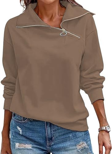 Cuptacc Pullover Damen Elegant Stehkragen Langarm Quarter Zip Pullover Lässig Basic Einfarbig Baumwolle Top Damen Khaki, XXL 50 von Cuptacc
