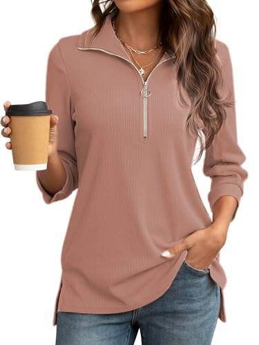 Cuptacc Pullover Damen Herbst 3/4 Ärmel V-Ausschnitt Shirts Half Zip Slim Fit Poloshirts für Damen Dunkelrosa Mittel M 38-40 von Cuptacc