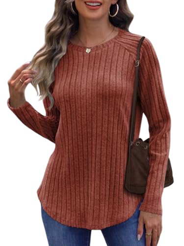Cuptacc Pullover Damen Herbst Elegant Tshirt Gestreifter Pullover Damen Basic Frauen Kleidung Langarmshirt Side Slit Karamellfarbe XXL 50-52 von Cuptacc