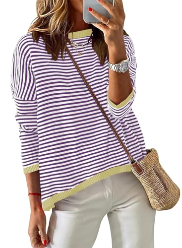 Cuptacc Pullover Damen Herbst Gestreiftes Langarm Baumwolle Pulli Damen Rundhalsausschnitt Oberteile Purple Mittel M 38-40 von Cuptacc