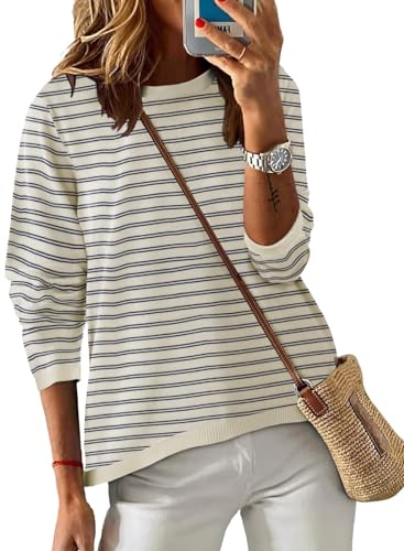 Cuptacc Pullover Damen Herbst Gestreiftes Langarm Baumwolle Pulli Damen Rundhalsausschnitt Oberteile ThinBeige Mittel M 38-40 von Cuptacc