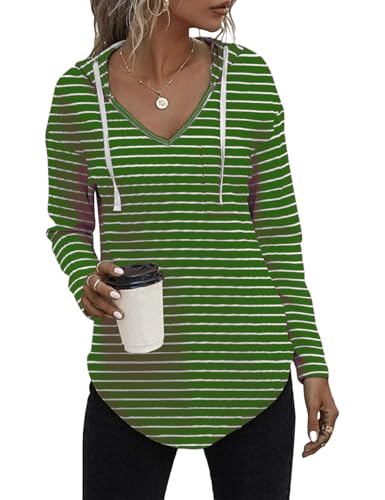 Cuptacc Pullover Damen Herbst Hoodies Plus Size Bekleidung Damen Mode Langarm Tshirt Gestalten Kordelzug Kapuzenpullover Dunkelgrünweiß Streifen 2XL von Cuptacc