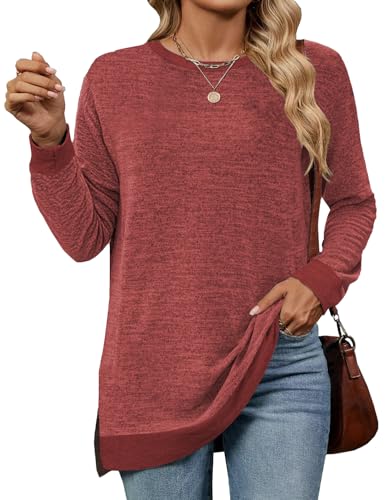 Cuptacc Pullover Damen Herbst Rundhalausschnitt Langarm Tunika Elegant Farbabstimmung Sweatshirt 2024 Weinrot XXL 50-54 von Cuptacc