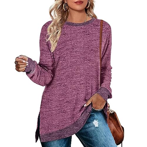 Cuptacc Pullover Damen Herbst Rundhalausschnitt Langarm Tunika Oberteile Farbabstimmung Sweatshirt 2023 Violett Klein S 34-36 von Cuptacc