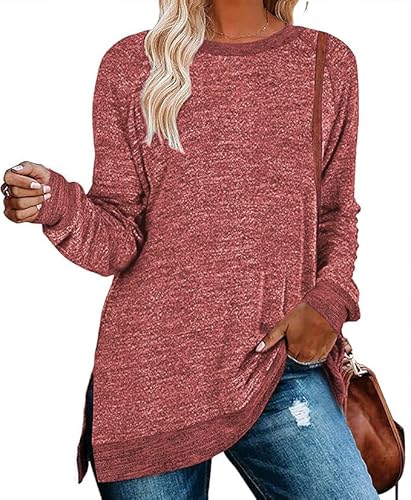 Cuptacc Pullover Damen Herbst Rundhalausschnitt Langarm Tunika Oberteile Farbabstimmung Sweatshirt 2024 Weinrot 3XL von Cuptacc