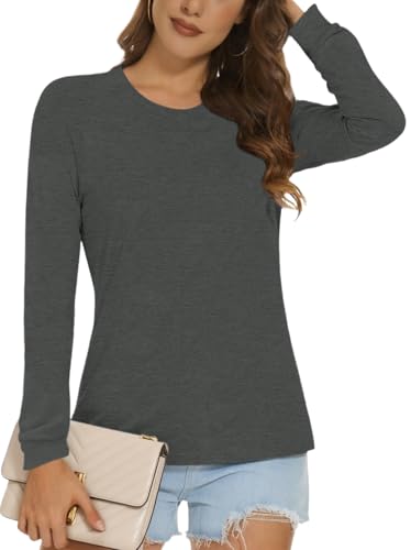 Cuptacc Pullover Damen Herbst Thermo Baumwolle Langarm T Shirt Damen 2025 Mode Bequem Lässig Basic Einfarbig Große Größen Oberteil Dunkelgrau S Klein von Cuptacc