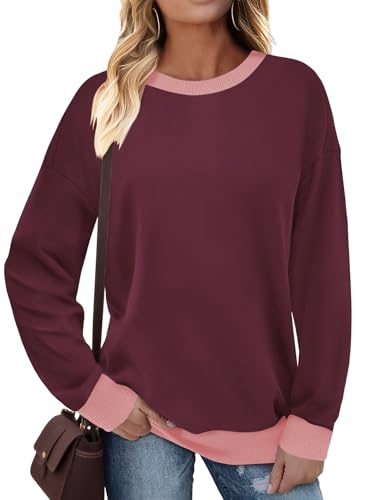 Cuptacc Pullover Damen Herbst Winter 2025 Mode Kontrast Große Größen Vintage Sweatshirt Schickes Elegant Farbblock Warm Pullover Damen Lila XXL von Cuptacc