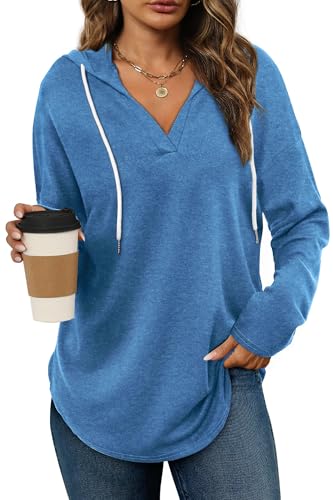 Cuptacc Pullover Damen Hoodie Mit Kapuze V Ausschnitt Kapuzenpullover Damen Mit Kordelzug Jogging Jacke Pulli Hellblau 3XL 54-56 von Cuptacc