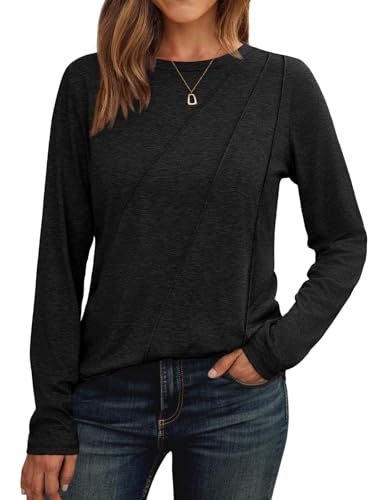 Cuptacc Pullover Damen Langarm 2025 Langarmshirt Mit Falten Casual Top Schlanke Passform Shirt Leicht Schwarz,Mittel M 38-40 von Cuptacc