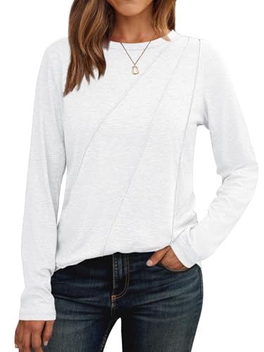 Cuptacc Pullover Damen Langarm 2025 Langarmshirt Mit Falten Casual Top Schlanke Passform Shirt Leicht Weiß,Mittel M 38-40 von Cuptacc