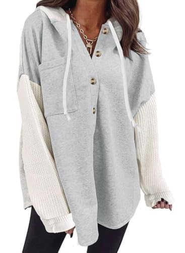 Cuptacc Pullover Damen Langarm V Ausschnitt Beheizbarer Hoodie Winter Causal Basic Lamgarmshirt Tunika Oversized Pulli Grau, Mittel M 38-40 von Cuptacc