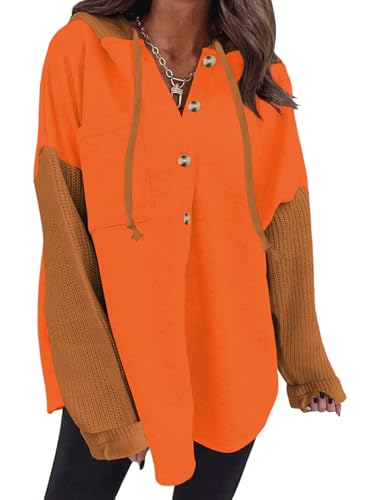 Cuptacc Pullover Damen Langarm V Ausschnitt Beheizbarer Hoodie Winter Causal Basic Lamgarmshirt Tunika Oversized Pulli Orange, XL 46-48 von Cuptacc