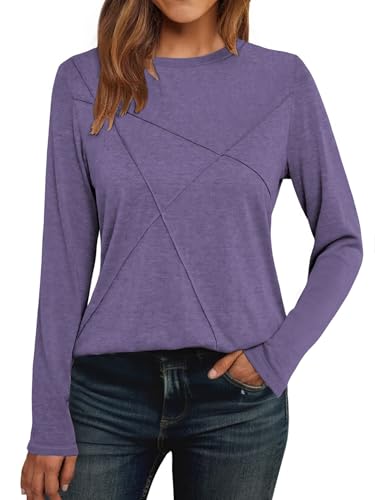 Cuptacc Pullover Damen Langarmshirt Damen Langarm Casual Top Mit Falten Schlanke Passform Leicht Lila,Mittel M 38-40 von Cuptacc