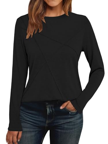 Cuptacc Pullover Damen Langarmshirt Damen Langarm Casual Top Mit Falten Schlanke Passform Leicht Schwarz,Mittel M 38-40 von Cuptacc