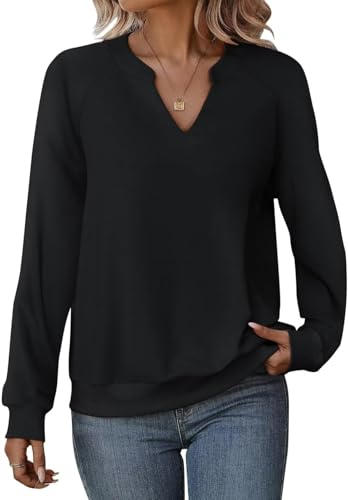 Cuptacc Pullover Damen Langarmshirt Damen Oberteile Shirt V-Ausschnitt Microvelours Herbst Winter 2025 Schwarz Größe L 42-44 von Cuptacc