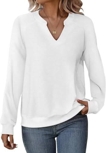 Cuptacc Pullover Damen Langarmshirt Damen V-Ausschnitt Oberteile Elegant Herbst Winter Lässig Top Weiss XXL 50-52 von Cuptacc